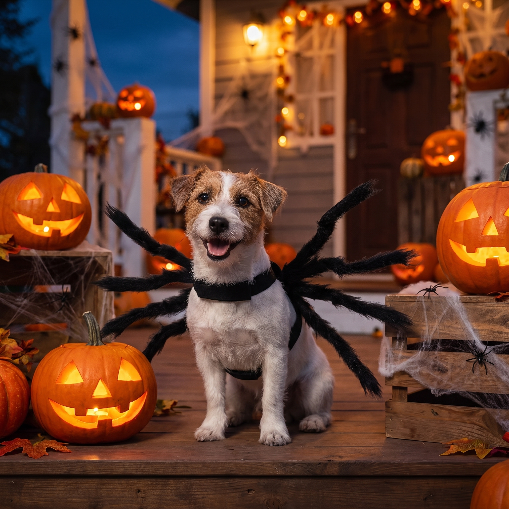 Pet wearing the plush spider legs costume for Halloween