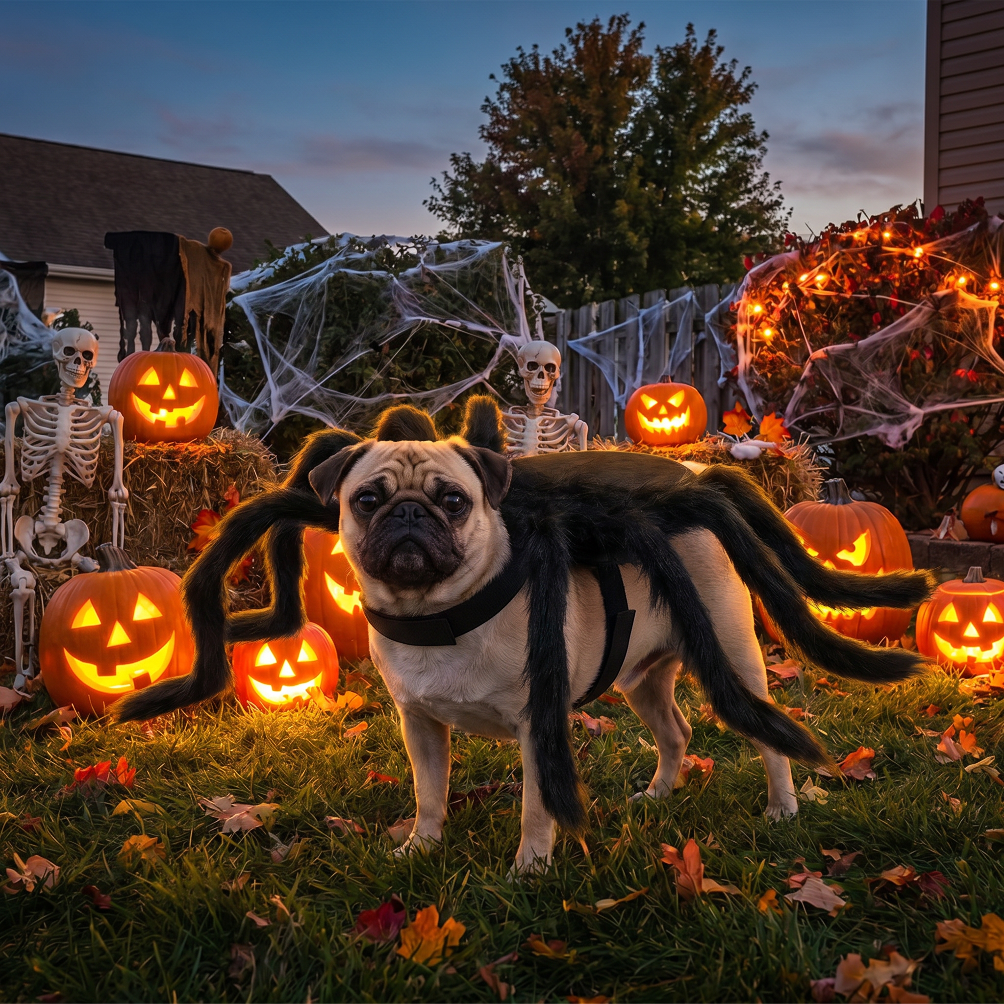 Pet wearing the adjustable spider legs costume in a decorated yard