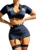 Four piece police officer costume set on a plain background