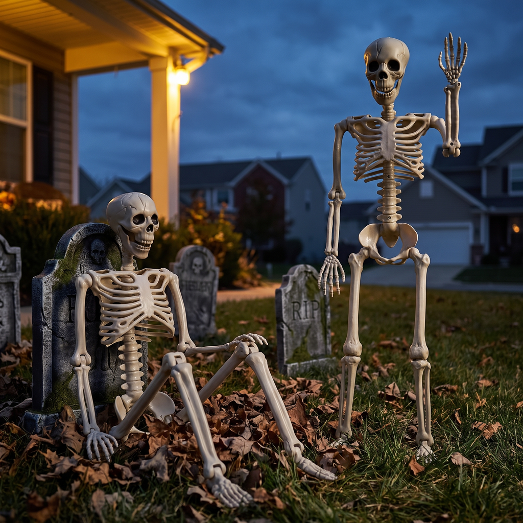 Posable skeletons staged in a front yard graveyard at dusk