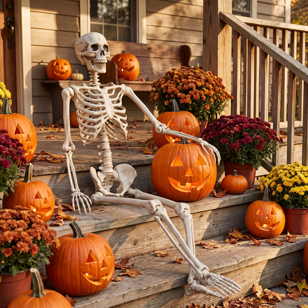 Skeleton sitting on a porch step beside pumpkins