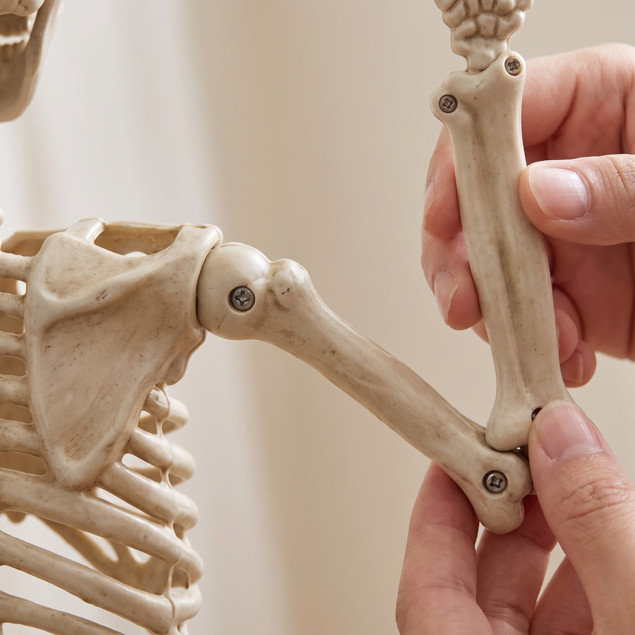 Close-up of the movable joints on the posable skeleton