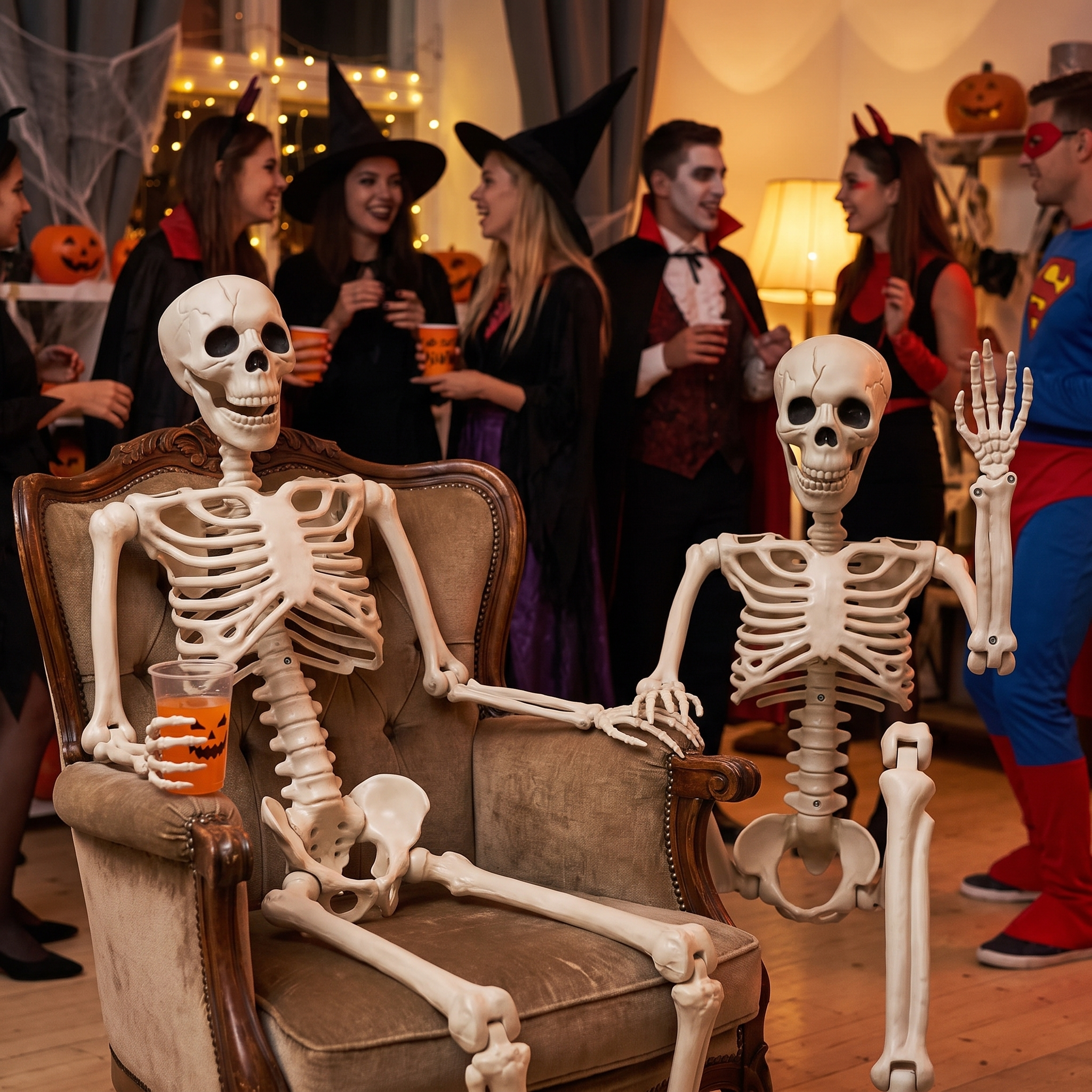 Posable skeletons displayed at an indoor Halloween party