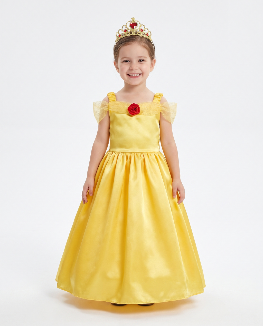Young girl wearing a yellow princess dress up gown and tiara