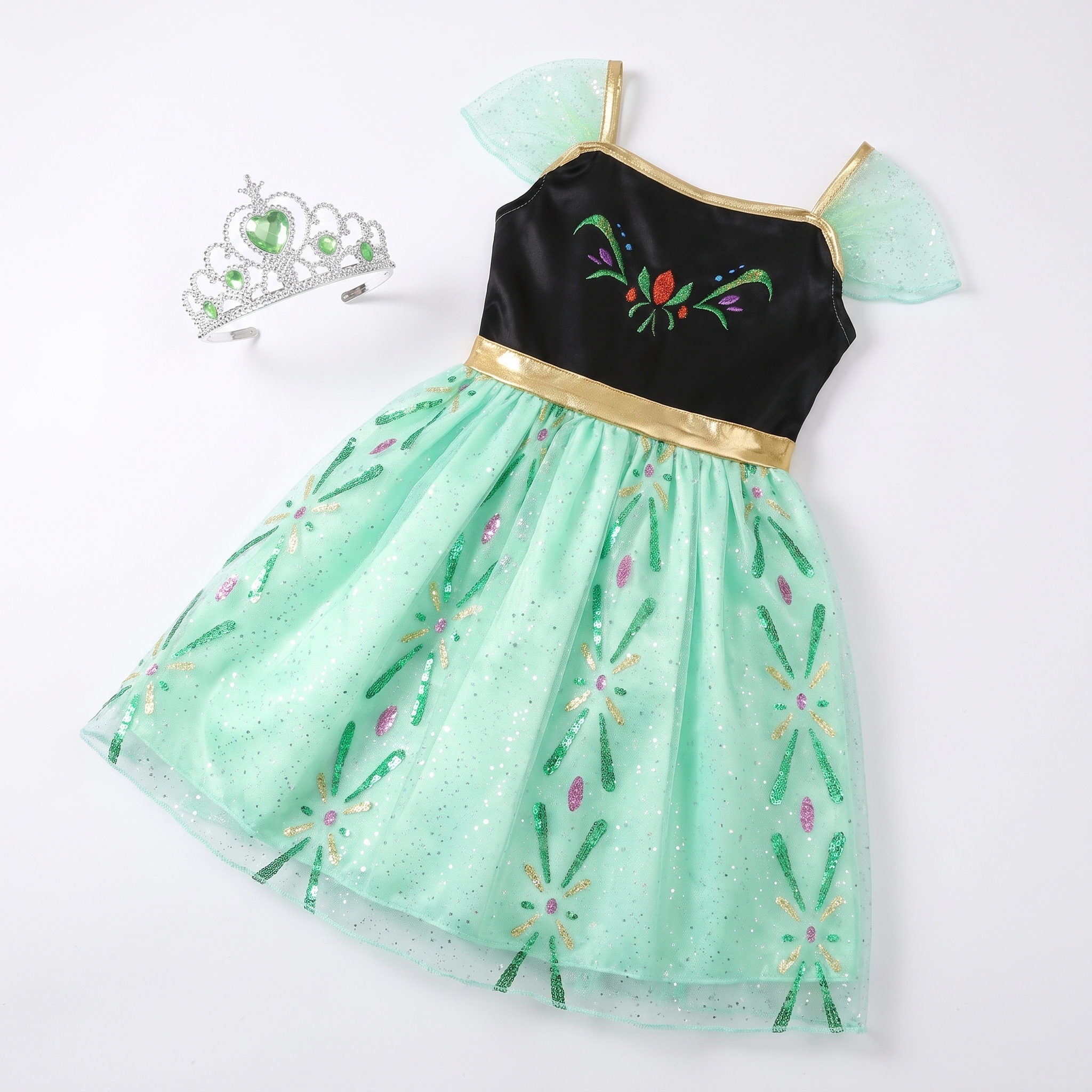 Single princess dress up gown with matching tiara in a flat lay