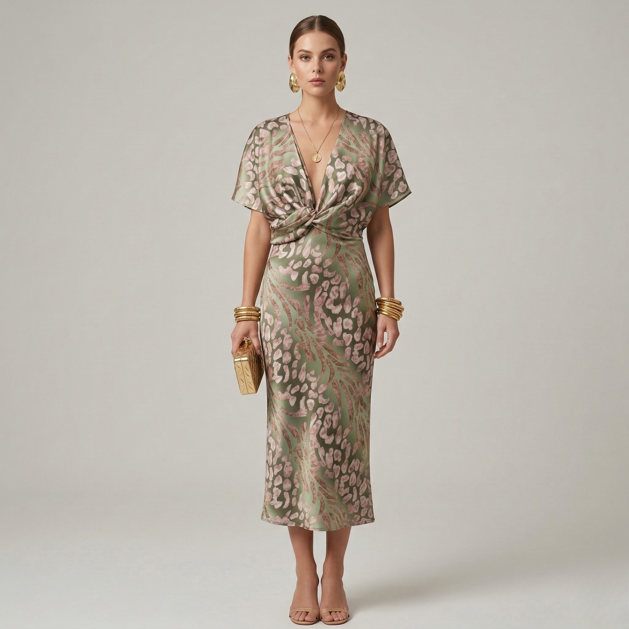 Green printed wedding guest dress