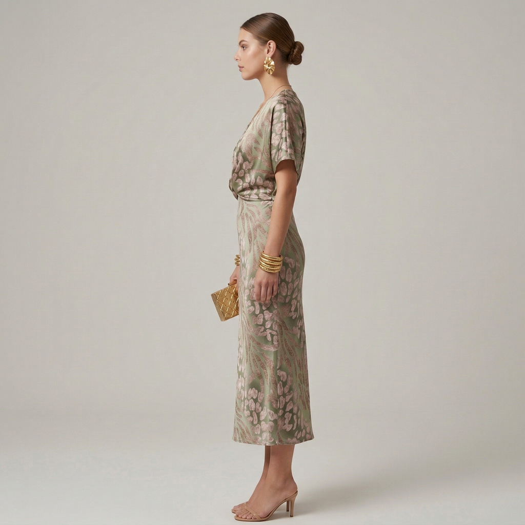 Green printed dress, front view