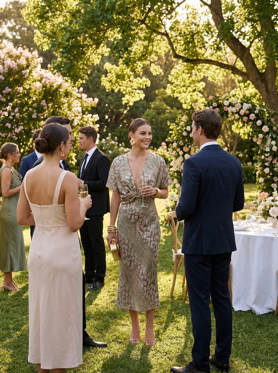 Woman wearing a green printed occasion dress at an outdoor wedding celebration