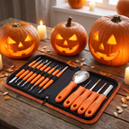 Carving kit beside carved glowing jack-o-lanterns