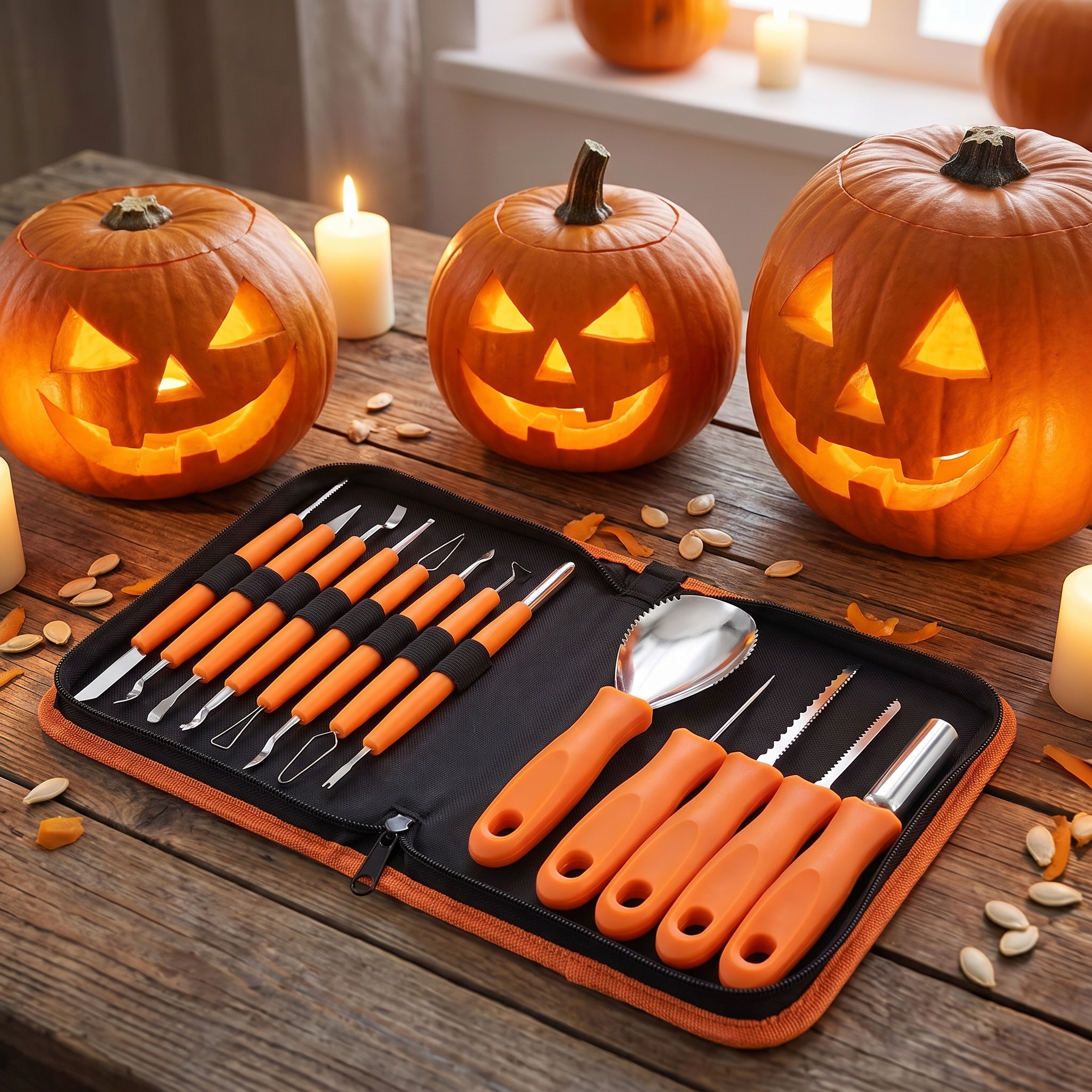 Carving kit beside carved glowing jack-o-lanterns