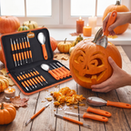 Sculpting tools carving a detailed pumpkin face