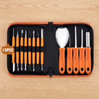Flat lay of the 13-piece carving kit in its zippered case