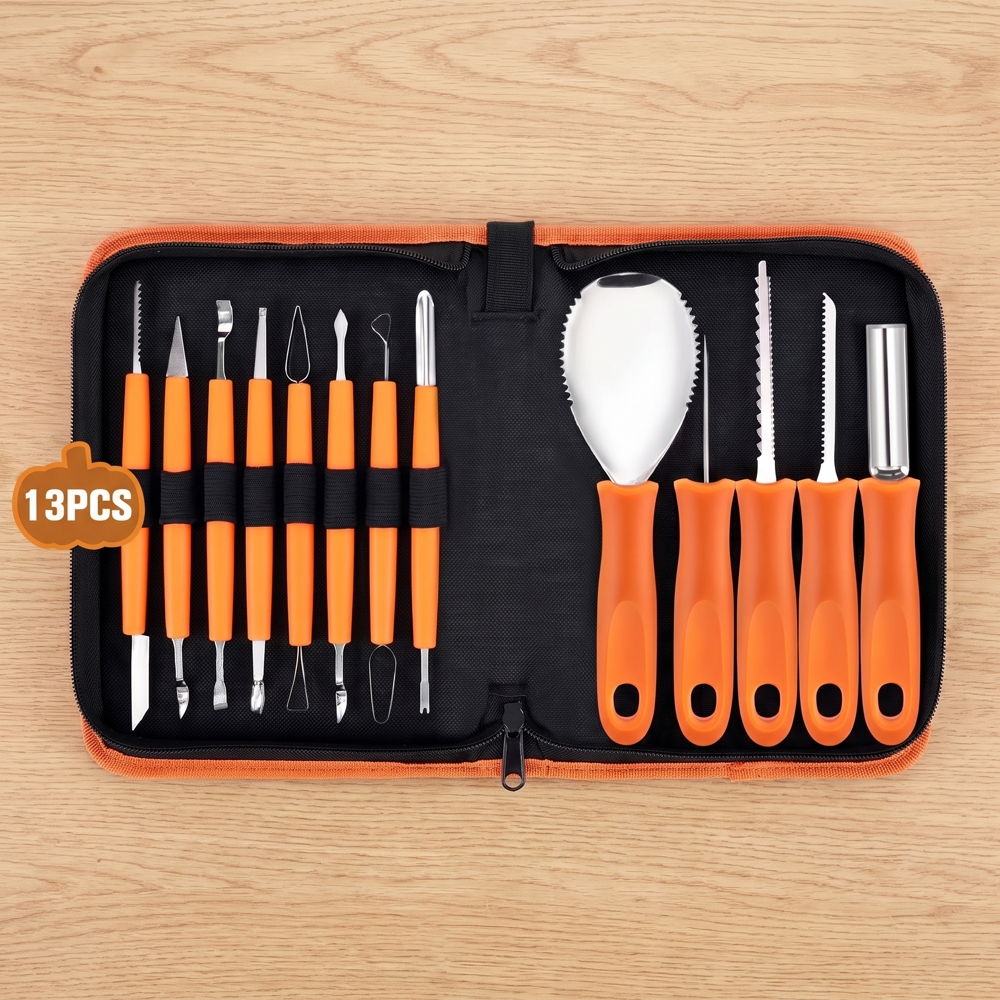 Flat lay of the 13-piece carving kit in its zippered case