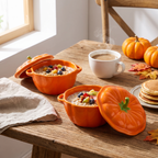 Pumpkin ceramic bowls on a styled fall breakfast table