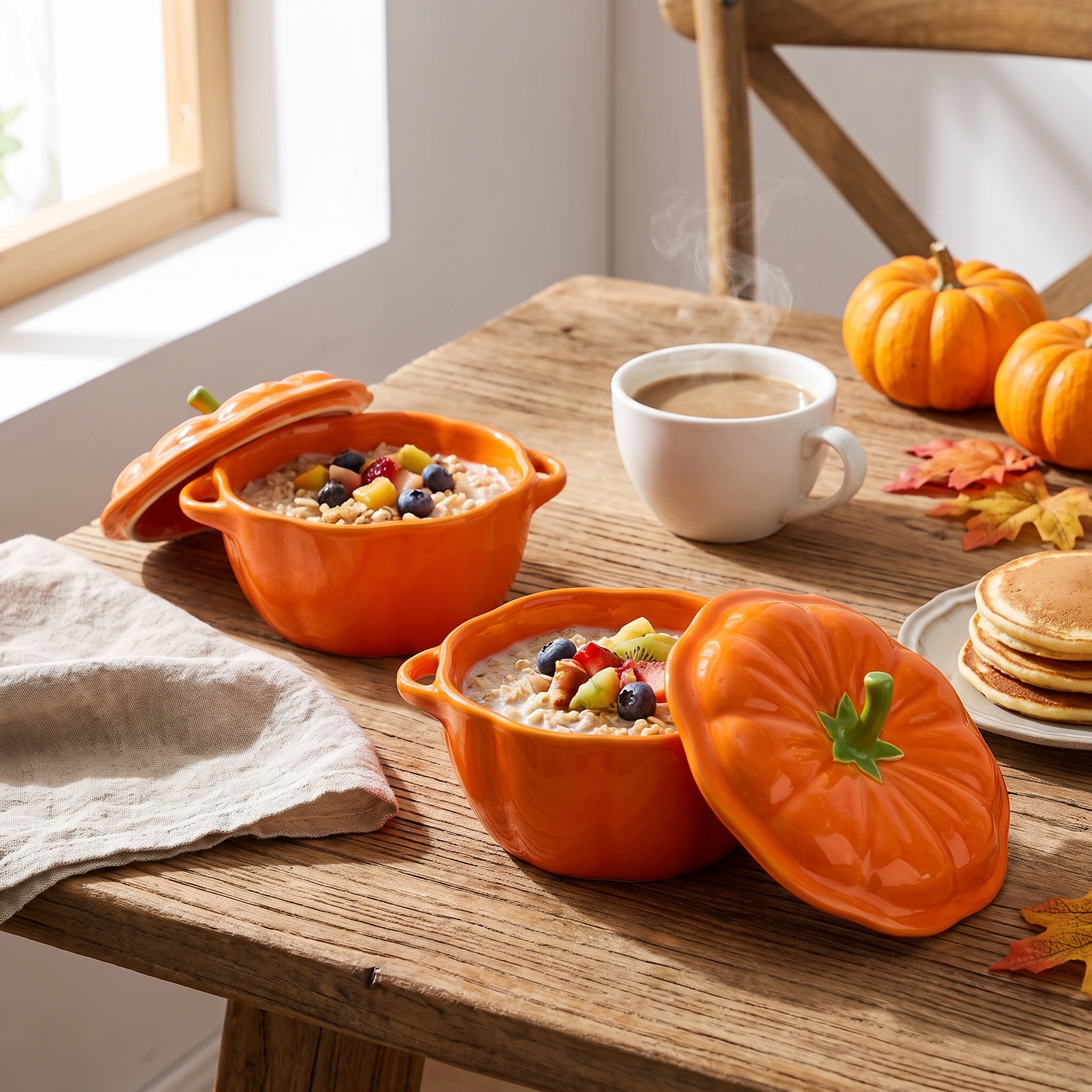 Pumpkin ceramic bowls on a styled fall breakfast table