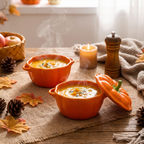 Pumpkin bowls filled with soup on a cozy autumn table