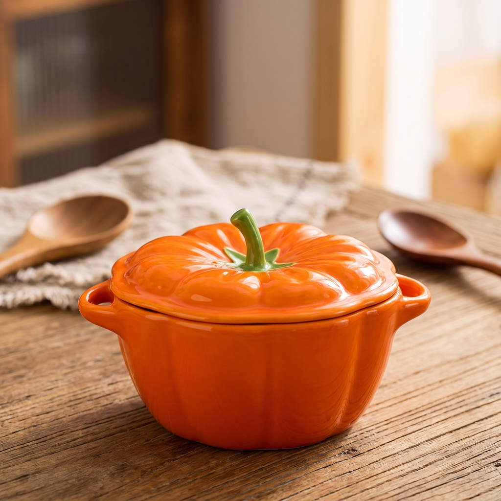 Close up of the pumpkin ceramic bowl and lid