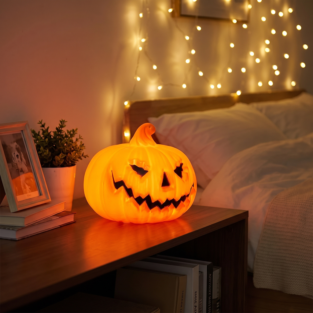 Ghost-face pumpkin lamp glowing on a bedroom shelf at night
