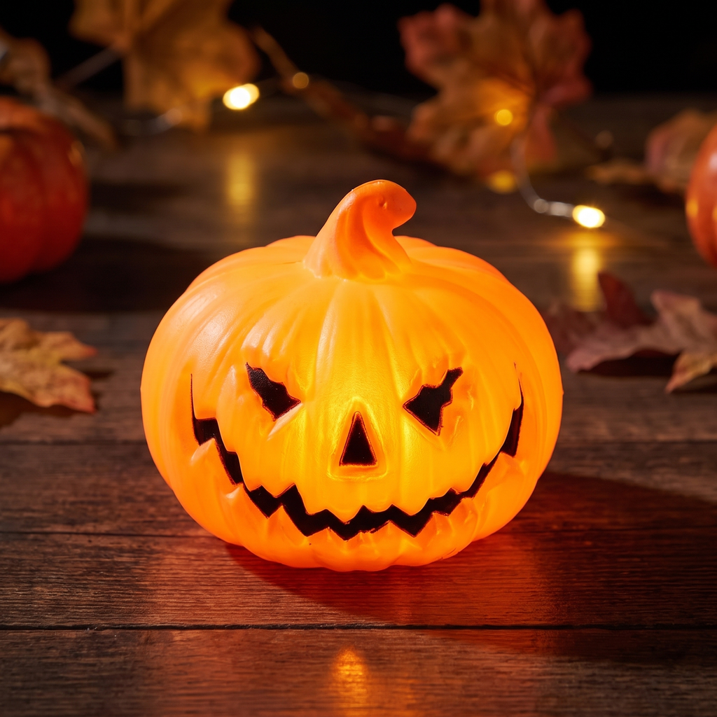 Close up of the glowing ghost-face pumpkin lamp