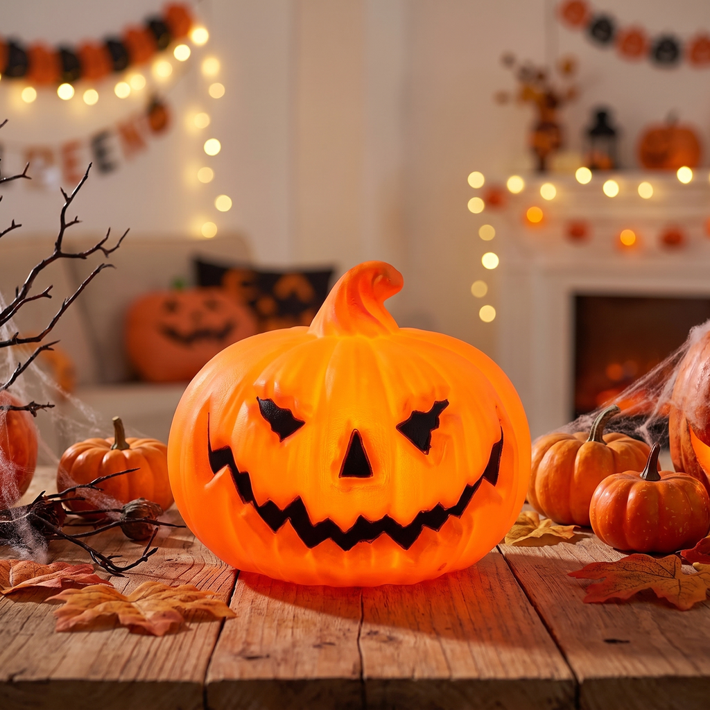 Ghost-face pumpkin lamp glowing on a decorated table