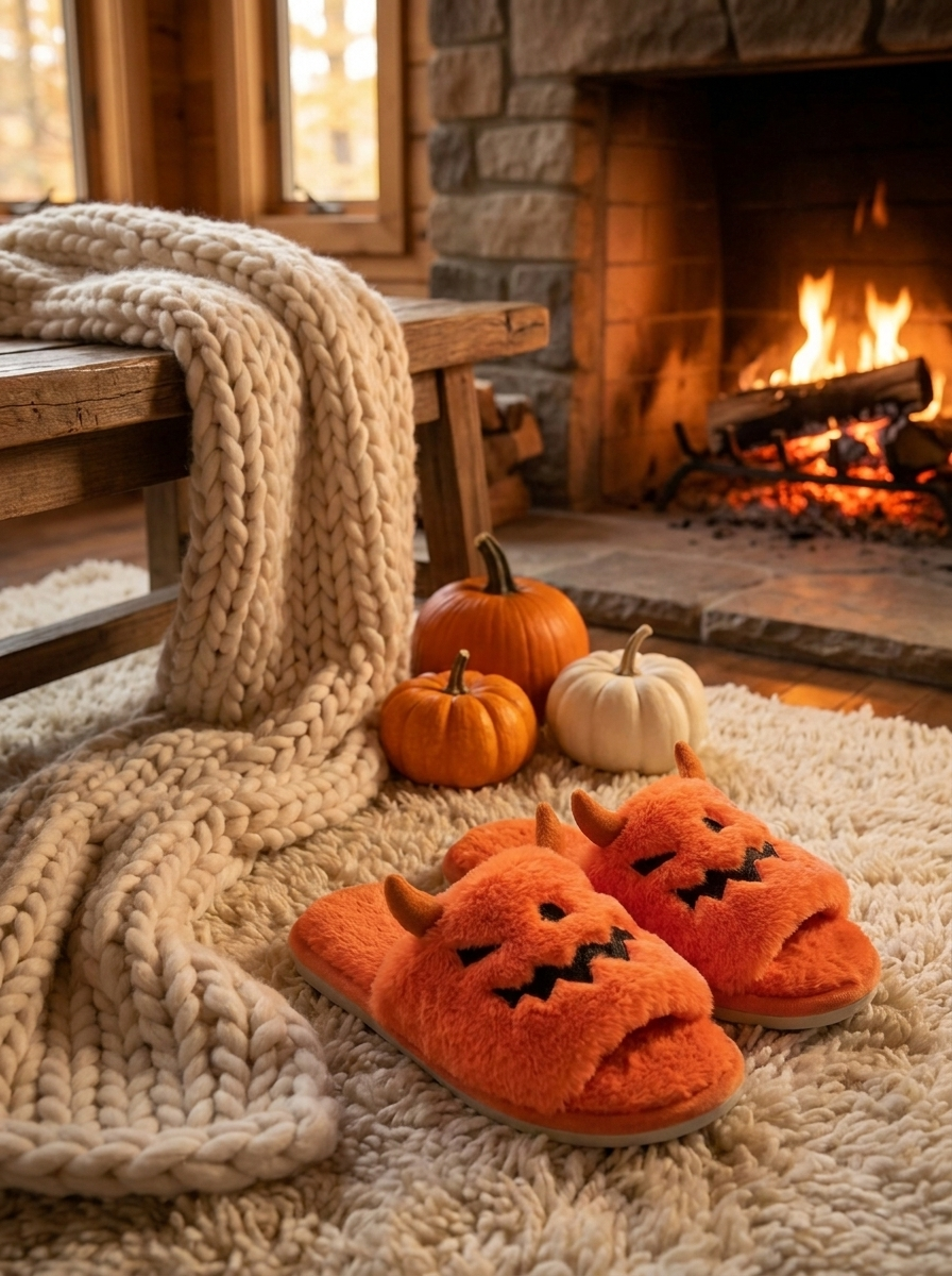 Pumpkin monster slippers styled by a fireplace