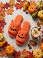 Flat lay of the pumpkin monster slippers with autumn leaves