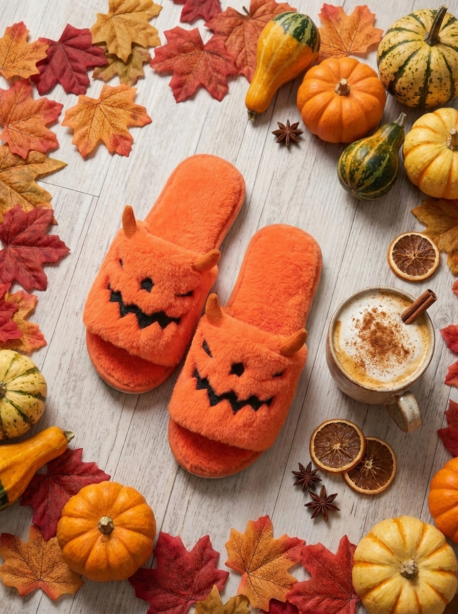 Flat lay of the pumpkin monster slippers with autumn leaves