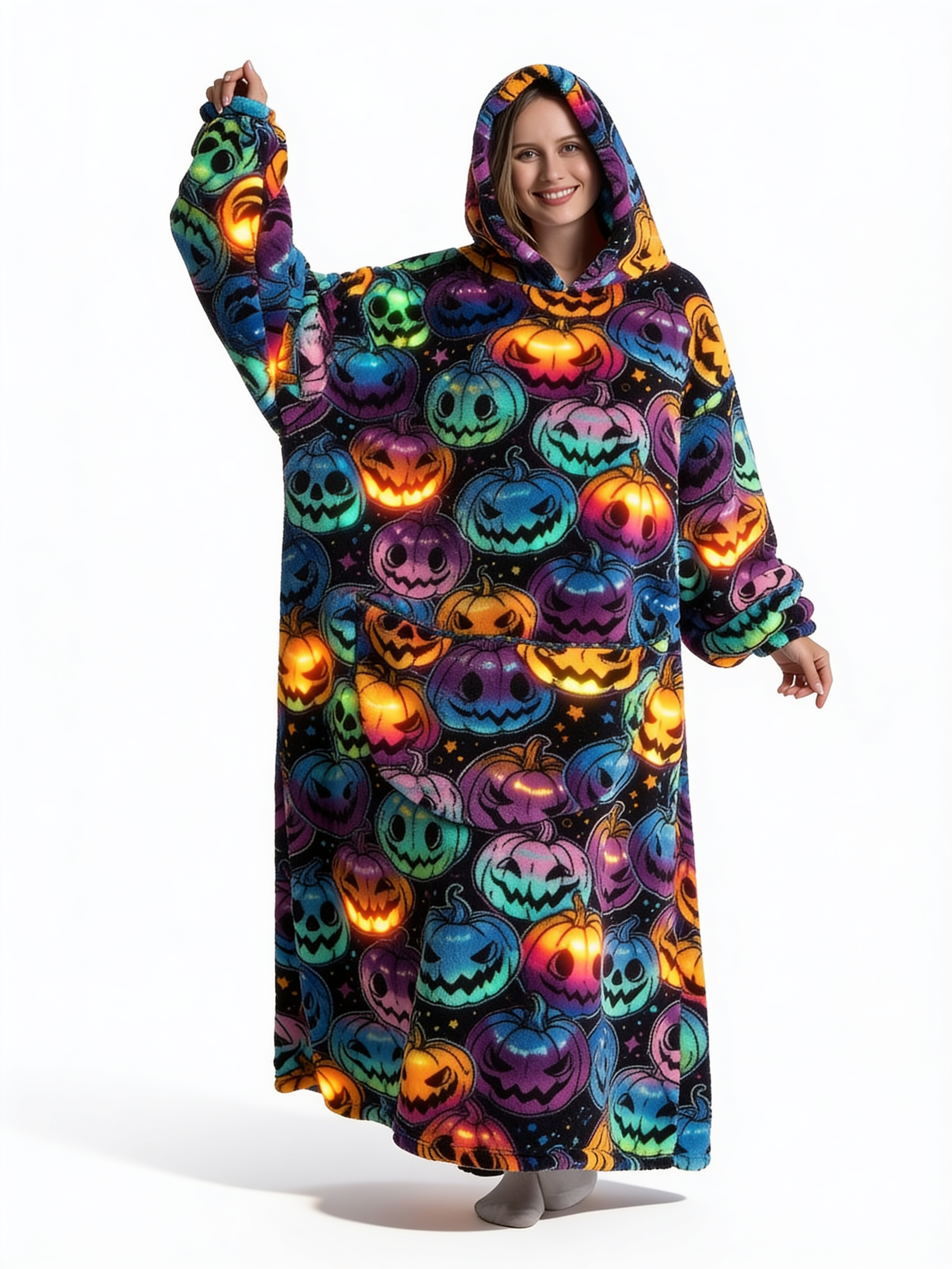 Pumpkin print oversized wearable blanket hoodie on a white background