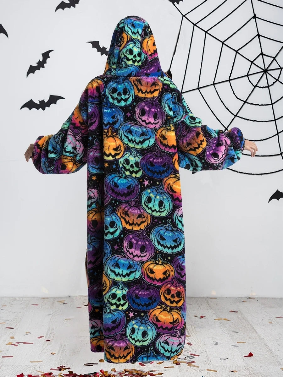Back view of the pumpkin print blanket hoodie