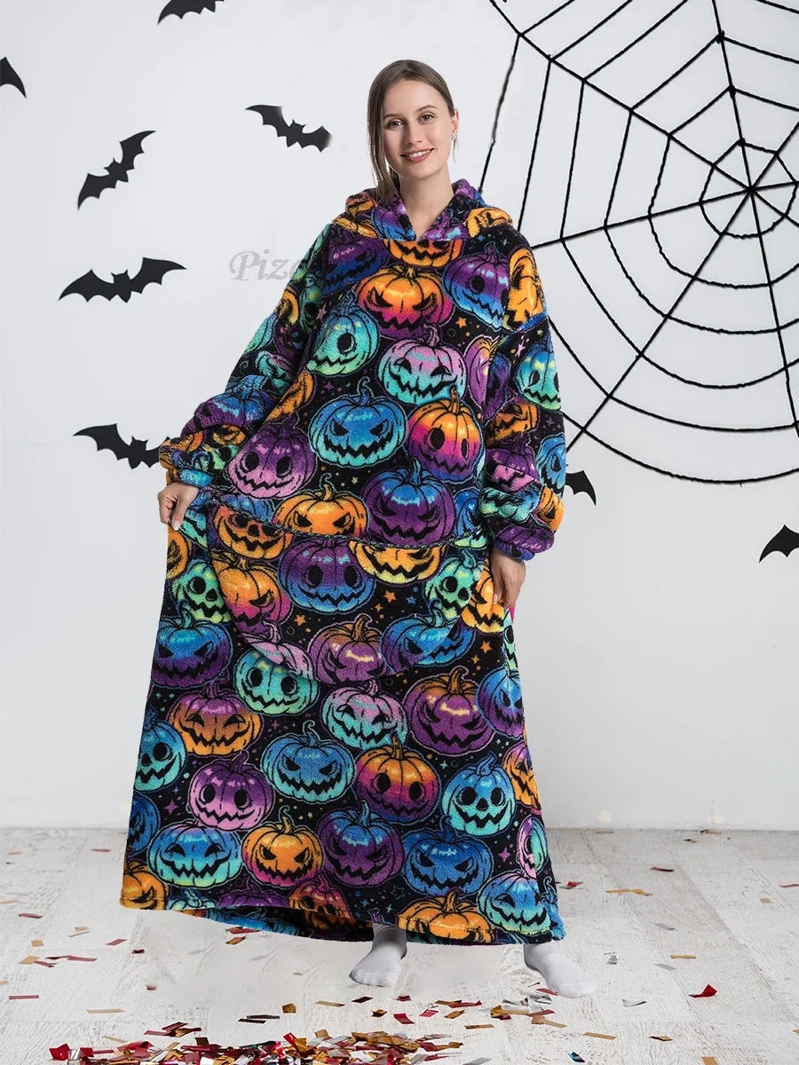 Pumpkin print blanket hoodie shown at full width