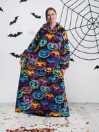 Pumpkin print blanket hoodie shown at full width