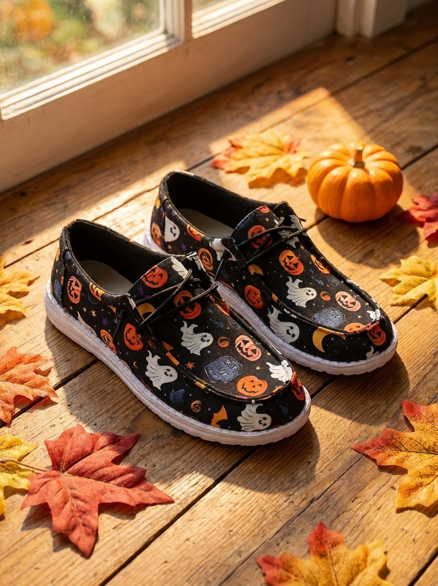 Pumpkin print loafers on a wooden floor with autumn leaves