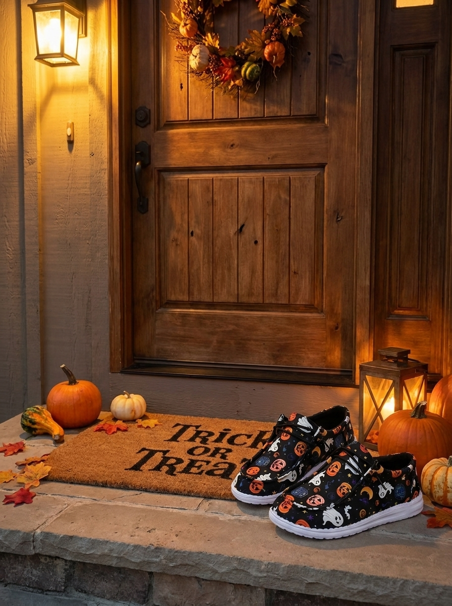 Pumpkin print loafers by a Halloween doorway