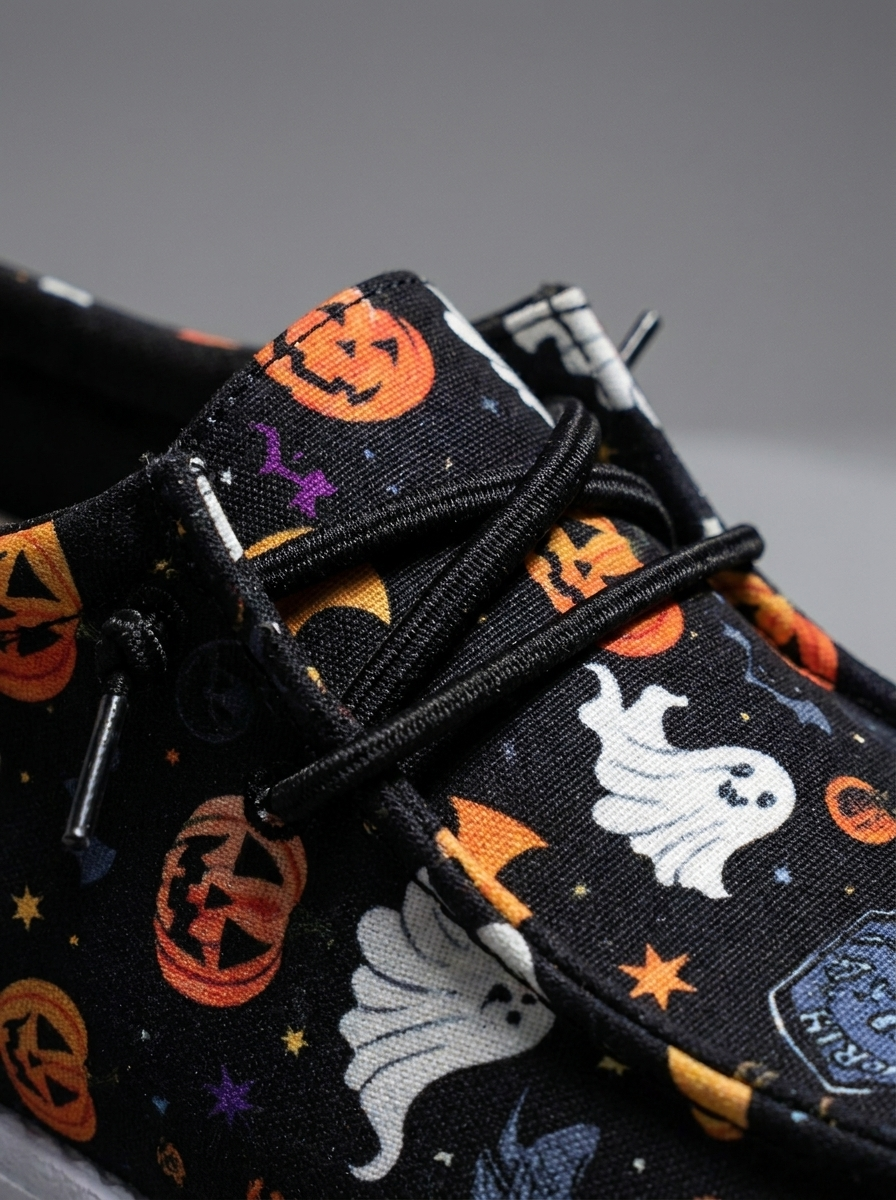 Close up of the pumpkin print detail on the loafers