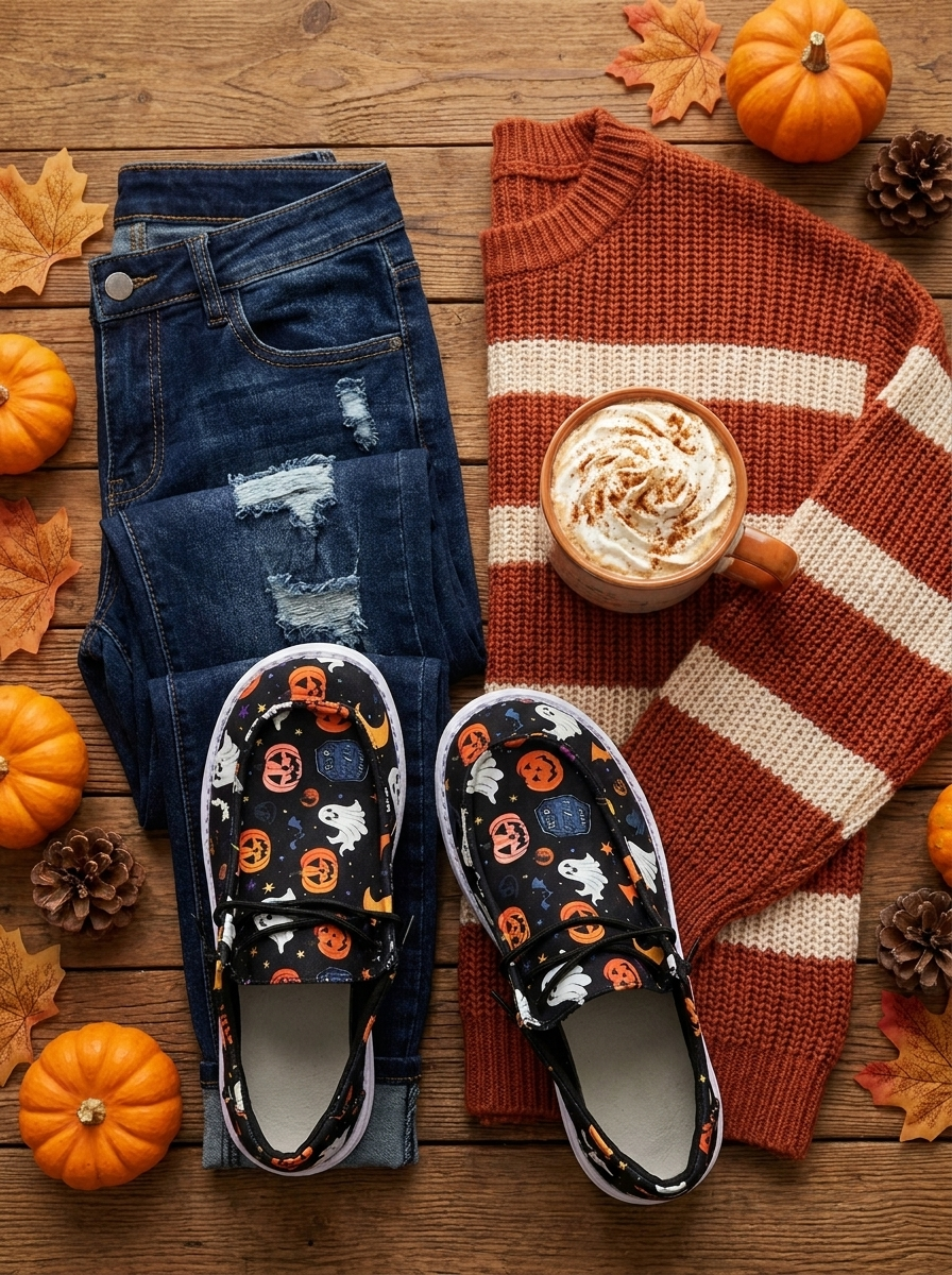 Flat lay of the pumpkin print loafers with a fall outfit