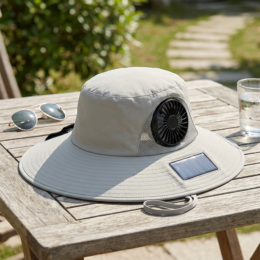 Wide-brim quick-dry bucket hat with built-in solar-powered fan on an outdoor table