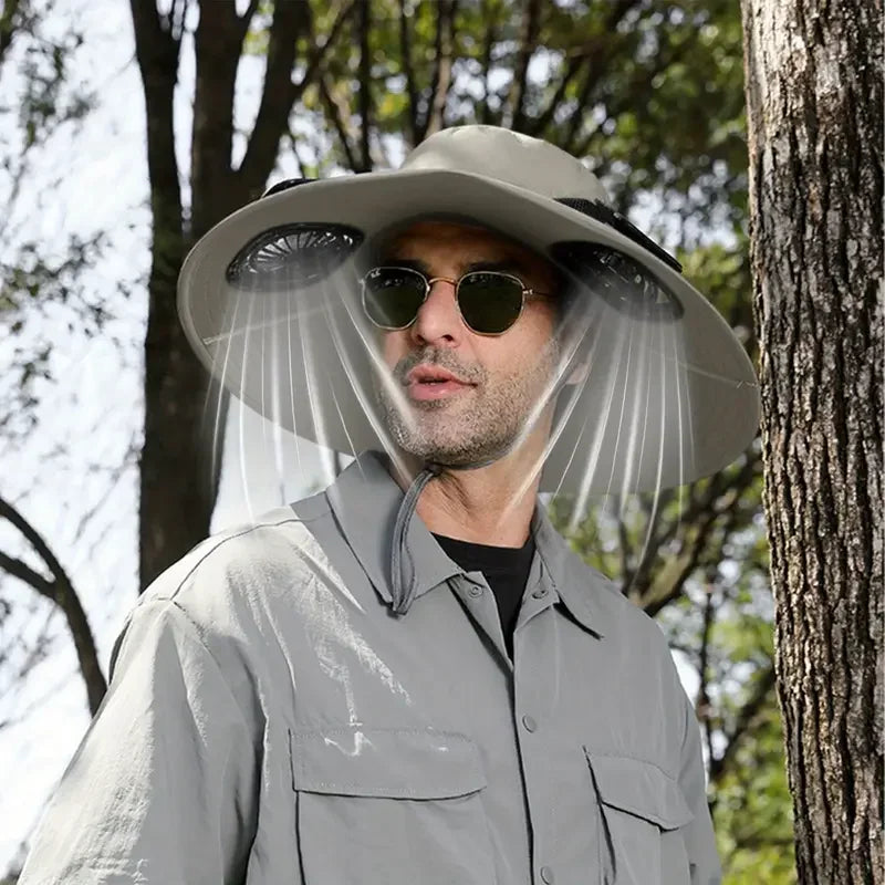 Quick-dry bucket hat with built-in fan, front view