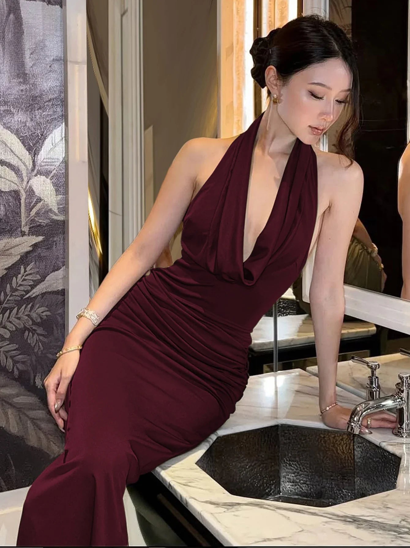 Ruched halter backless bodycon maxi dress in claret, front view