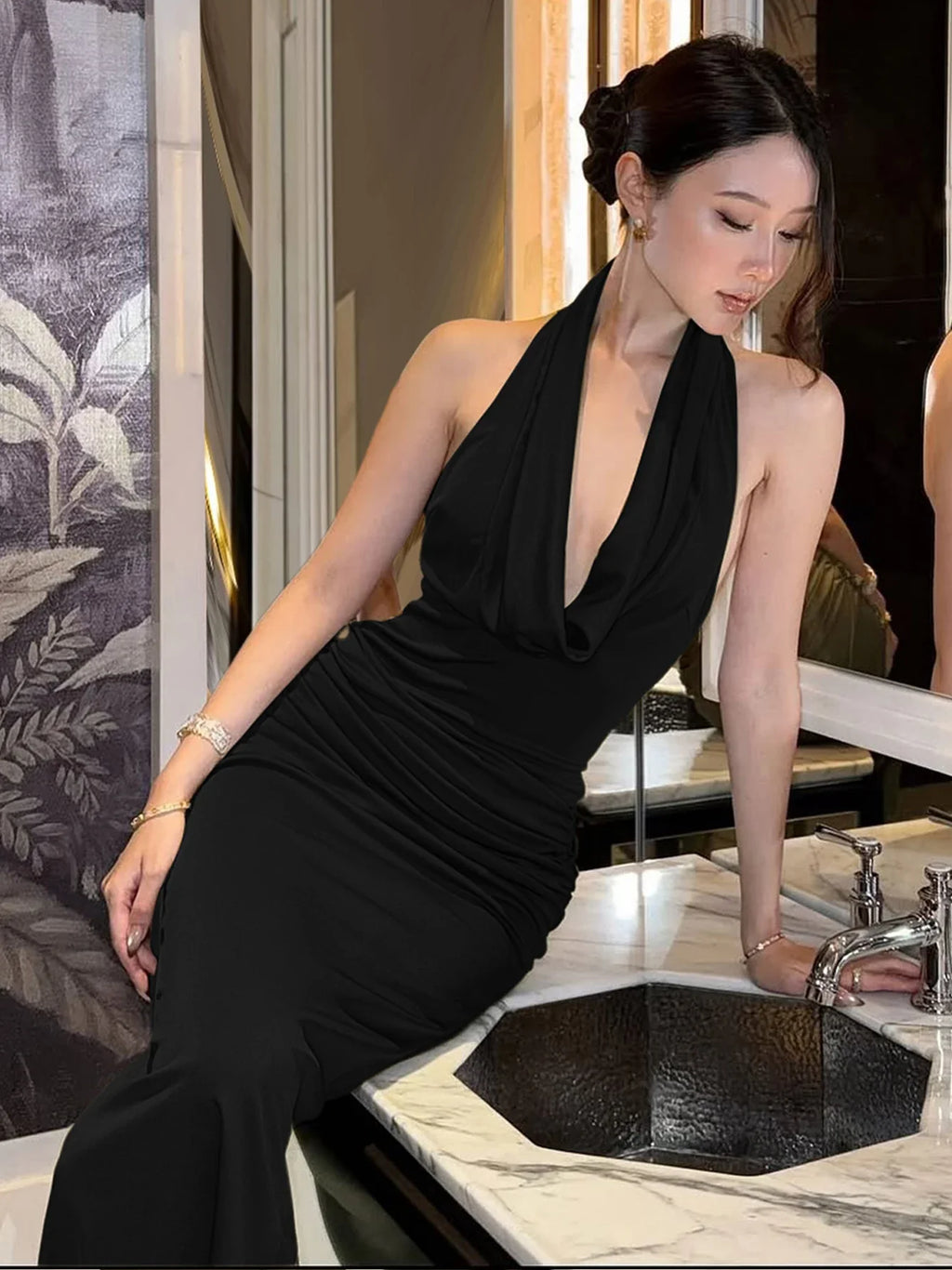 Ruched halter backless bodycon maxi dress in black, front view