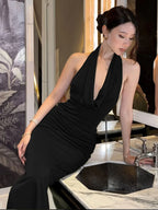 Ruched halter backless bodycon maxi dress in black, front view