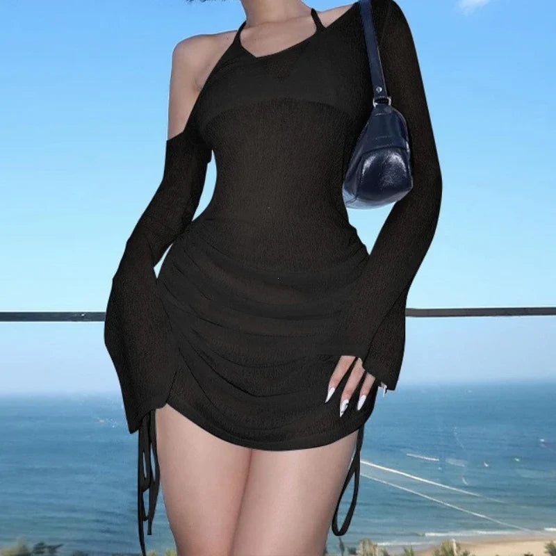 Ruched lace-up sheer mini dress in black