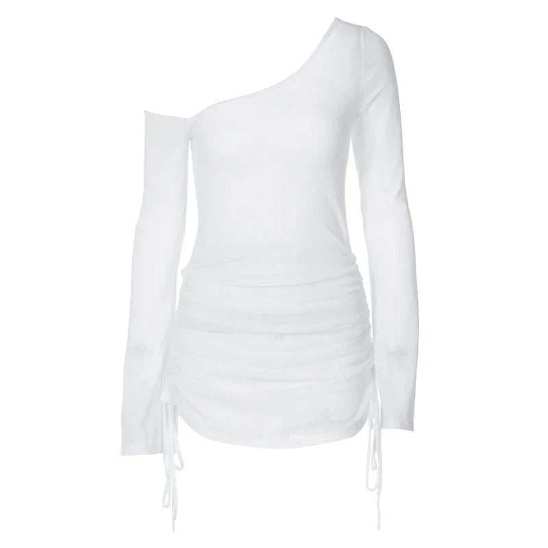 Ruched lace-up sheer mini dress, back view