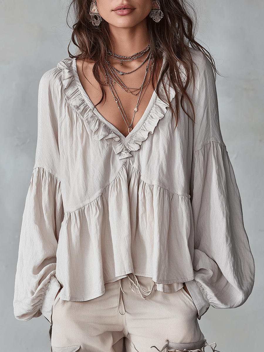 Ruffle blouse in white, front view