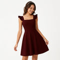 Fit-and-flare mini dress with ruffle straps in claret