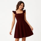 Fit-and-flare mini dress with ruffle straps in claret