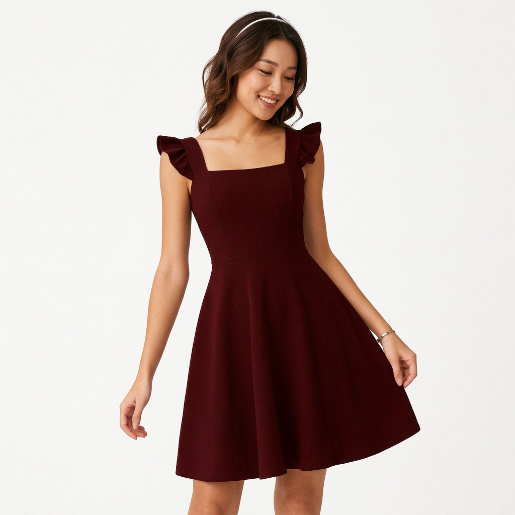 Fit-and-flare mini dress with ruffle straps in claret