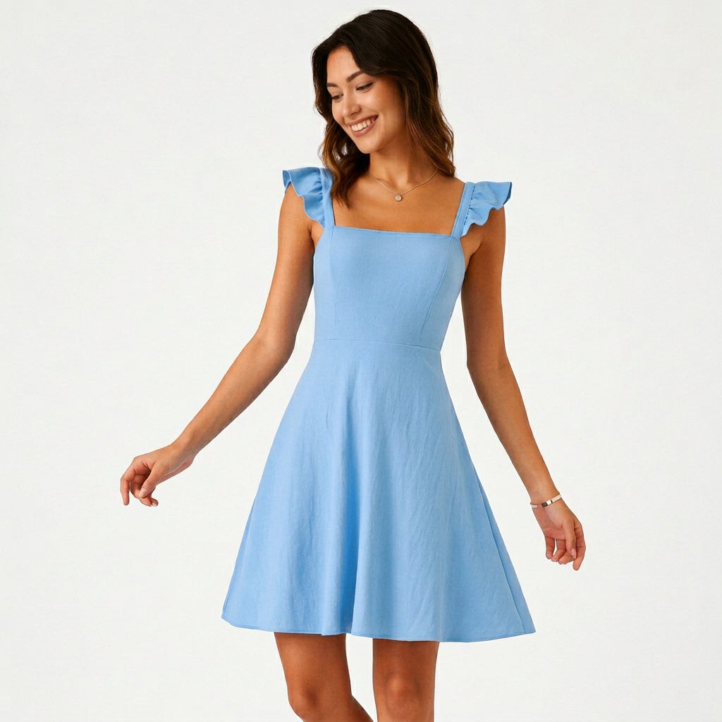 Fit-and-flare mini dress with ruffle straps in sky blue