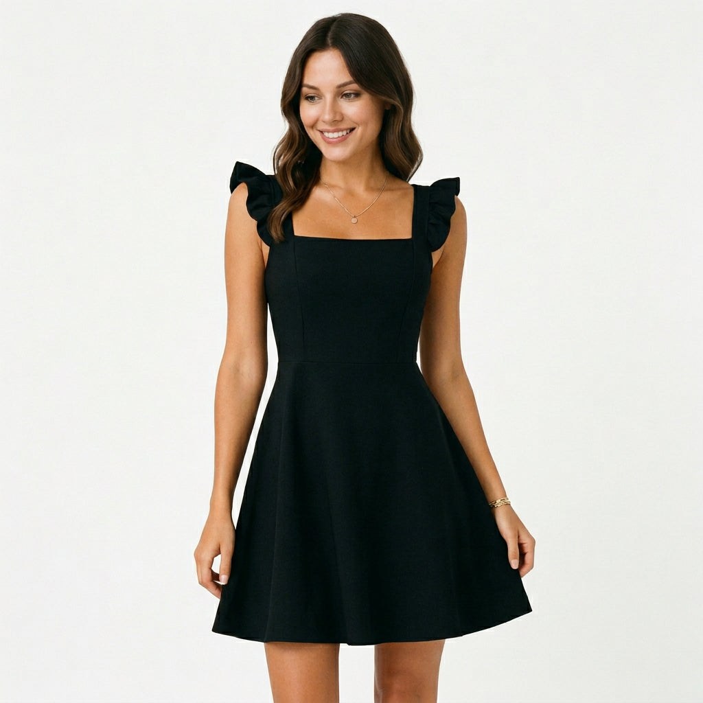 Fit-and-flare mini dress with ruffle straps in black