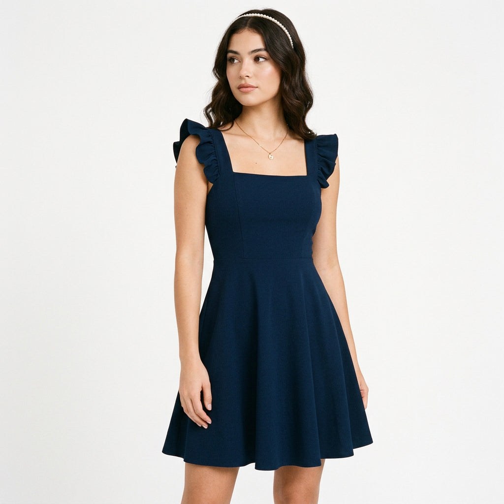 Fit-and-flare mini dress with ruffle straps in dark blue