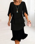 Black ruffle trim dress, front view